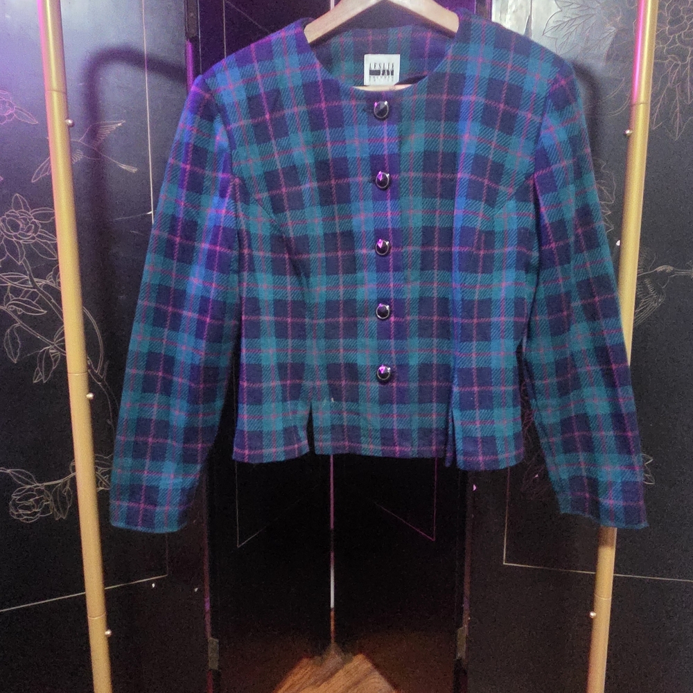Vintage Plaid Button-Front Jacket - Teal & Purple